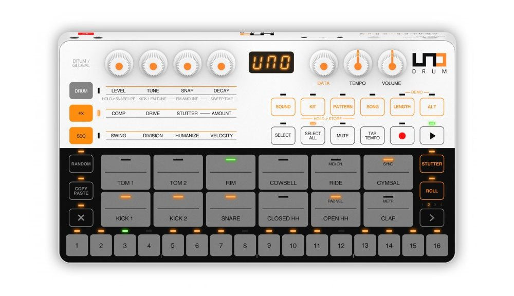 Top view of a compact music production device with pads, knobs, buttons, and an LED display reading UNO.