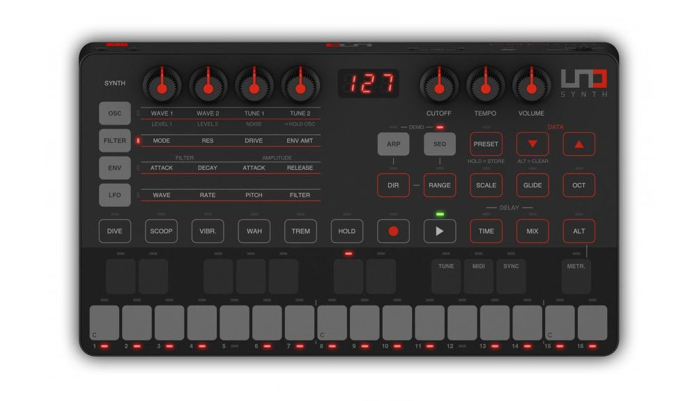 Top view of a black IK UNO Synth with rotary knobs, buttons, touch pads, and a small digital display showing 127