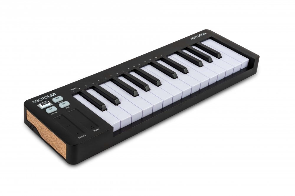 Black MIDI keyboard controller with 25 keys, buttons, sliders, and wooden side panels.