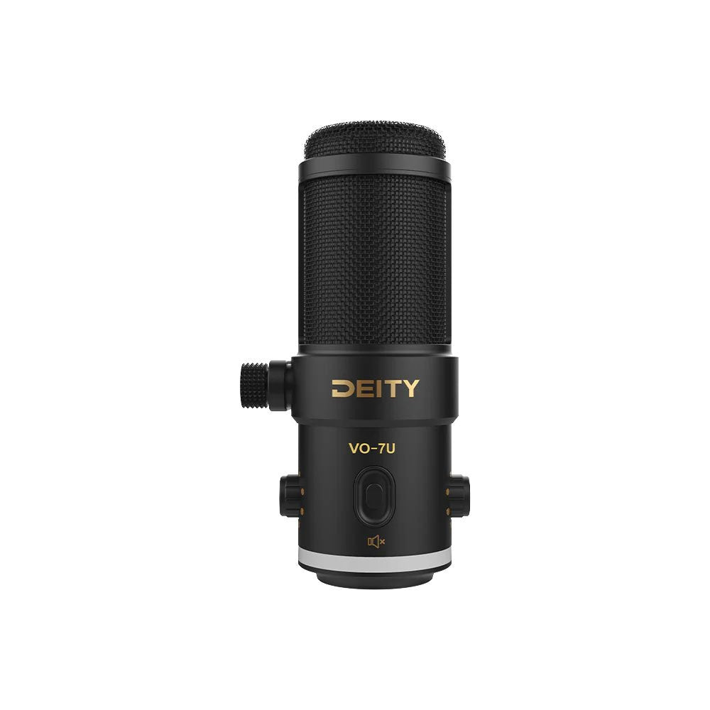 Black Deity VO-7U microphone with mesh grille and control buttons on the body.