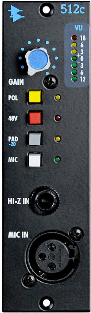 Front panel of an audio preamp module with gain knob, LED VU meter, buttons, and two input connectors.