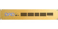 Front panel of a gold-colored rack unit with DAD logo, power button, status LEDs, and ventilation slots.