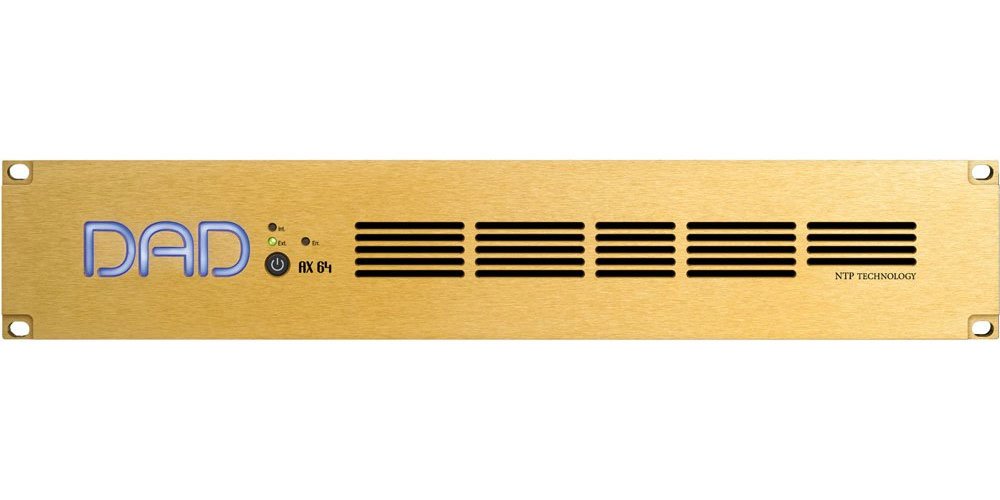 Front panel of a gold-colored rack unit with DAD logo, power button, status LEDs, and ventilation slots.