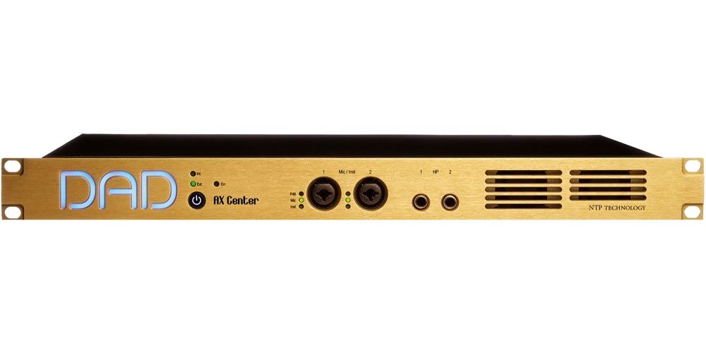 Front view of a gold and black rackmount audio device with DAD logo, two combo inputs, two headphone outputs, and power button.