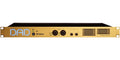 Front view of a gold and black rackmount audio device with DAD logo, two combo inputs, two headphone outputs, and power button.