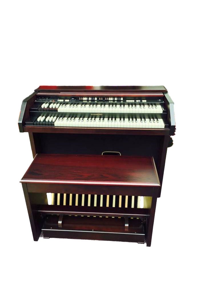 Hammond A-162 console organ with two waterfall manuals, harmonic drawbars, reverse-color preset keys, and a detachable 25-note pedalboard in a compact wooden console cabinet.