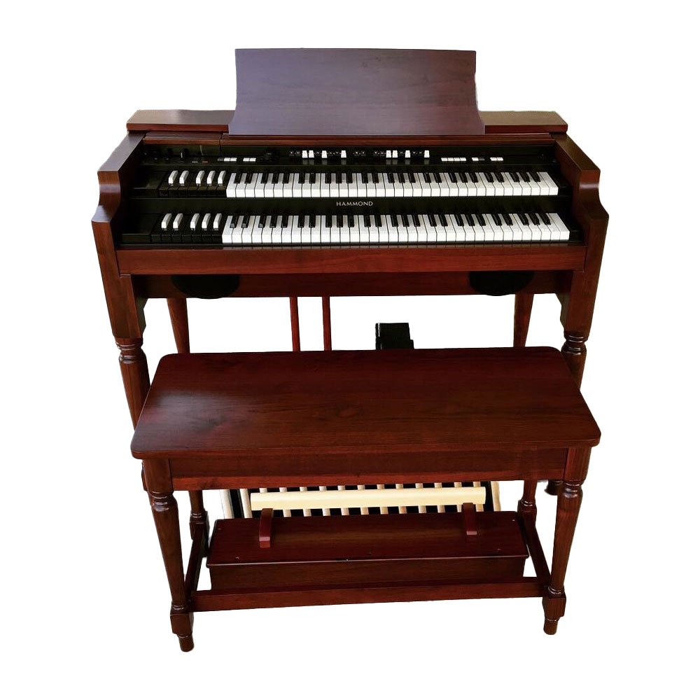 Brown wooden keyboard instrument with two manuals, drawbars, foot pedals, and a matching bench.