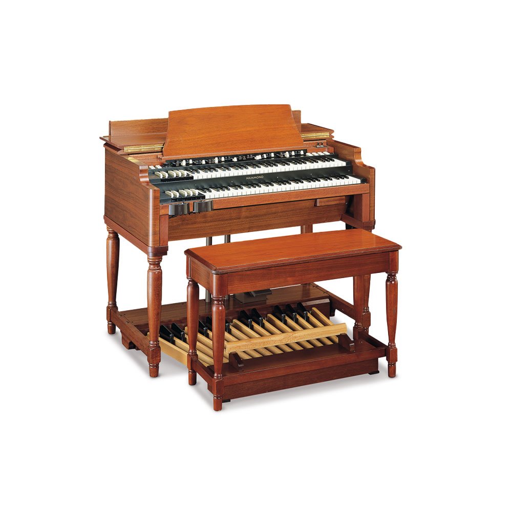 Hammond B-3 mk2 console organ: wooden four-legged console with two 61-key waterfall manuals, reverse-color preset keys, and rows of harmonic drawbars, shown with matching bench and 25-note pedalboard.