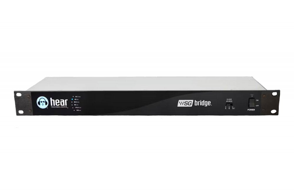 Front view of a black 1U rackmount network audio device with Hear Technologies and WSG bridge branding and power switch.