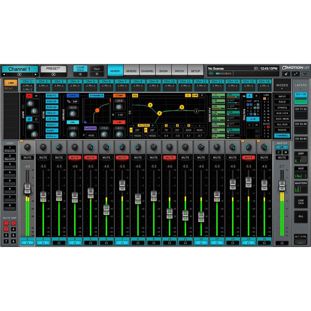 Screenshot of a software audio mixer interface with 16 channels and various control panels visible.