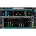 Screenshot of a software audio mixer interface with 16 channels and various control panels visible.