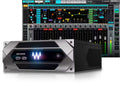 Black and gray audio hardware unit with illuminated Waves logo and USB ports in front of a software mixer interface with multiple channels and controls.