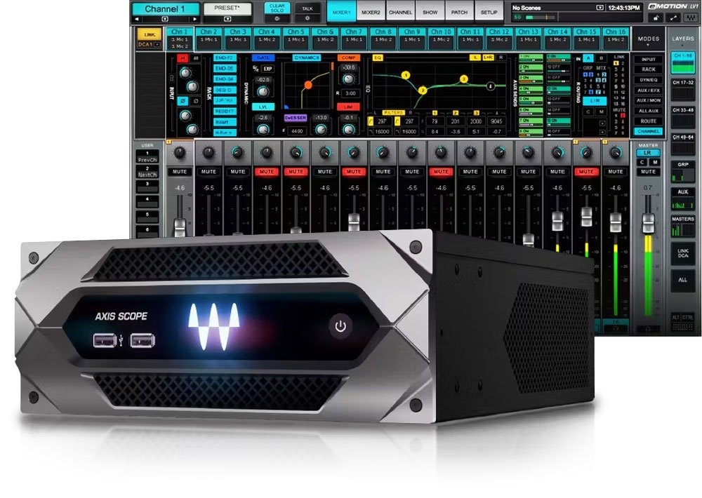 Black and gray audio hardware unit with illuminated Waves logo and USB ports in front of a software mixer interface with multiple channels and controls.