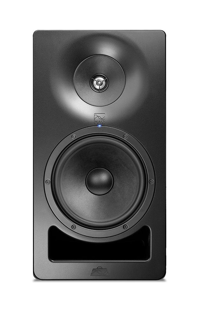 Front view of a black studio monitor speaker with a tweeter, woofer, and front bass port.
