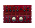 Red rack-mounted audio equipment with vacuum tube stereo equalizer and compression amplifier controls visible.