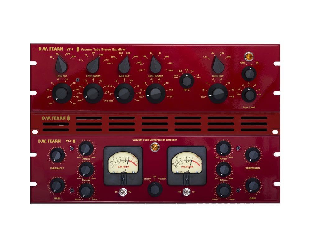 Red rack-mounted audio equipment with vacuum tube stereo equalizer and compression amplifier controls visible.