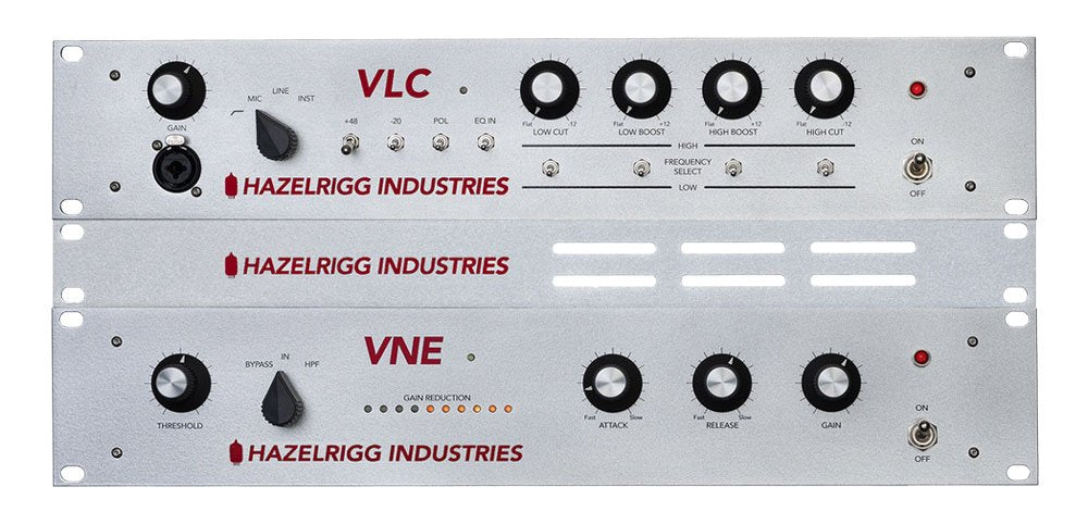 Two rack-mounted audio equipment units labeled VLC and VNE with various knobs, switches, and input connectors.