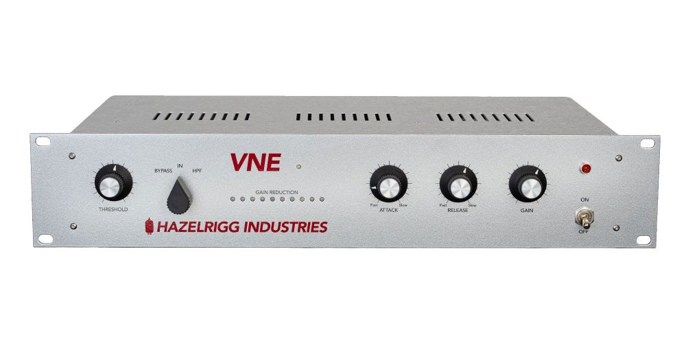 Front panel of a silver audio device with four black rotary knobs, a toggle switch, LED indicators, and red brand text.