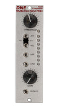 Silver audio compressor panel with knobs for threshold and gain and multiple toggle switches with LED indicators on right side.