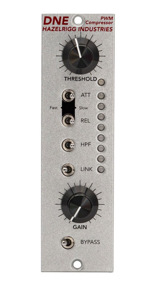 Silver audio compressor panel with knobs for threshold and gain and multiple toggle switches with LED indicators on right side.
