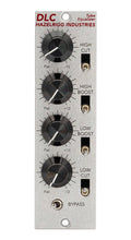Silver equalizer module with four black rotary knobs and five toggle switches labeled with frequency control terms.