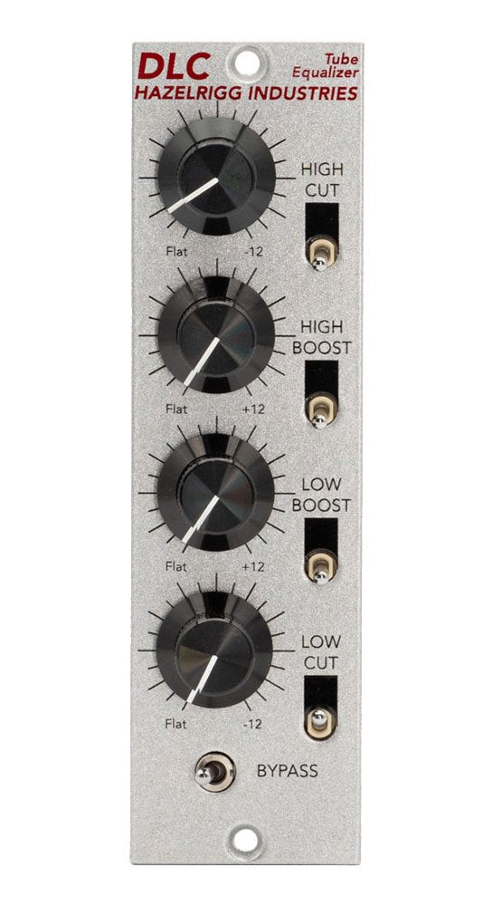 Silver equalizer module with four black rotary knobs and five toggle switches labeled with frequency control terms.