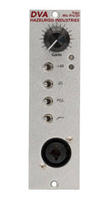 Silver audio module panel with gain knob, toggle switches, indicator lights, and a 3-pin XLR connector.