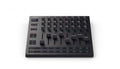 Black MIDI controller with multiple knobs, sliders, buttons, and colored LED pads on a white background.