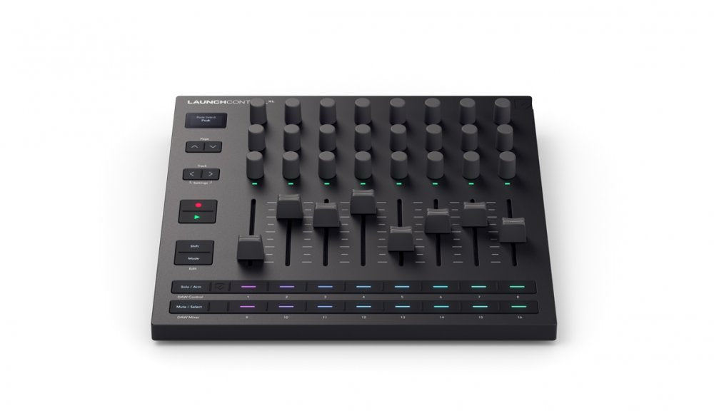 Black MIDI controller with multiple knobs, sliders, buttons, and colored LED pads on a white background.