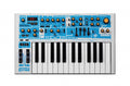 Compact keyboard synthesizer with knobs, sliders, buttons, wheels, and a small digital display on a blue and white panel.