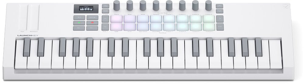 White MIDI keyboard controller with 37 keys, 8 knobs, 4 pads, and multiple buttons including transport controls.