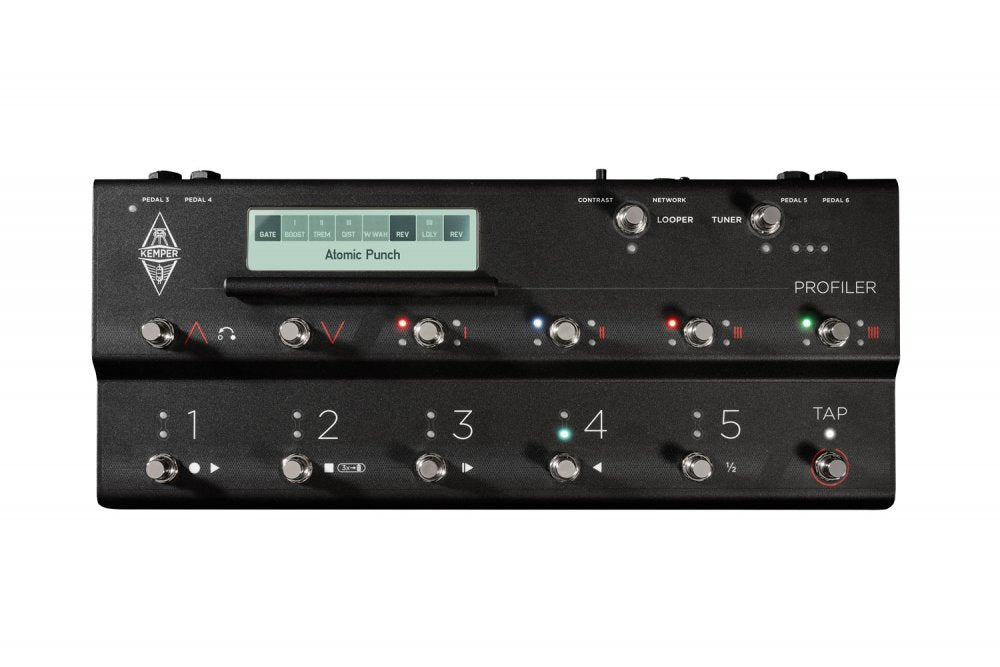 Black KEMPER Profiler pedalboard with multiple footswitches, knobs, and a display labeled Atomic Punch.