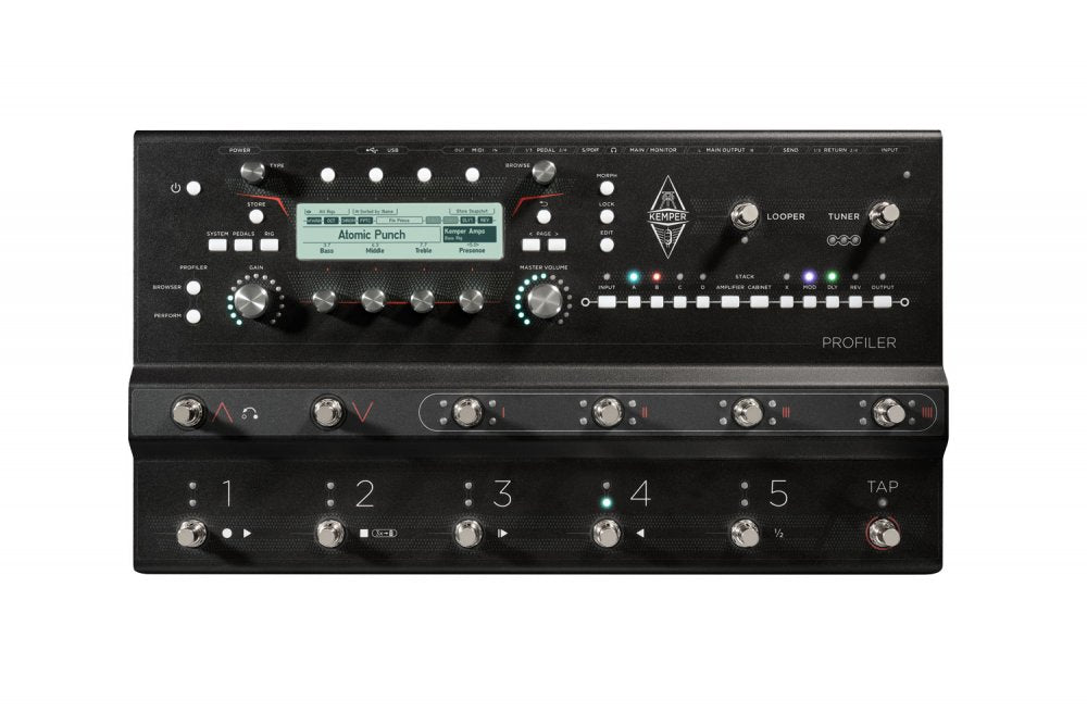 Black guitar effects unit with multiple knobs, foot switches, and a digital display showing 'Atomic Punch'.