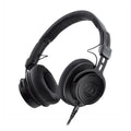 Black over-ear headphones with padded ear cups and headband, one side wired with visible brand logo.