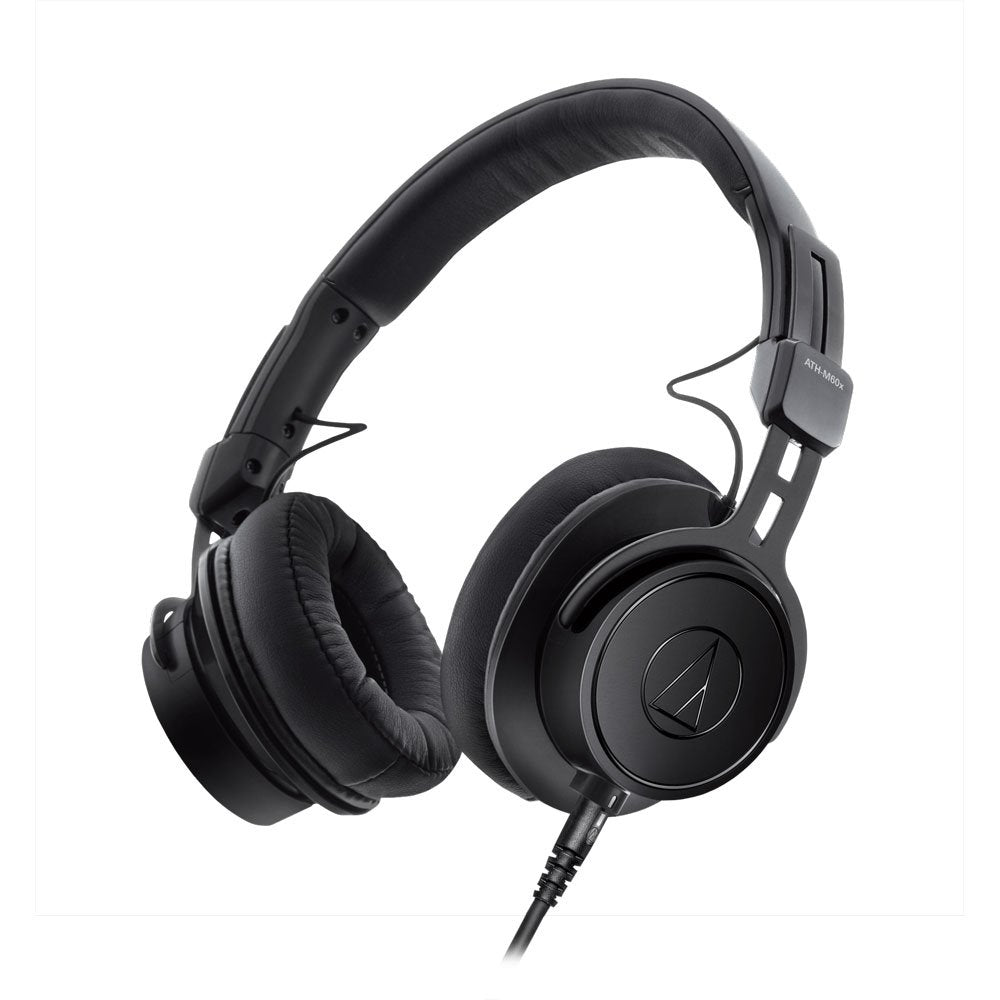 Black over-ear headphones with padded ear cups and headband, one side wired with visible brand logo.