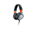 Over-ear wired headphones with black ear pads, blue and orange accents, and a silver circular grille on each ear cup.