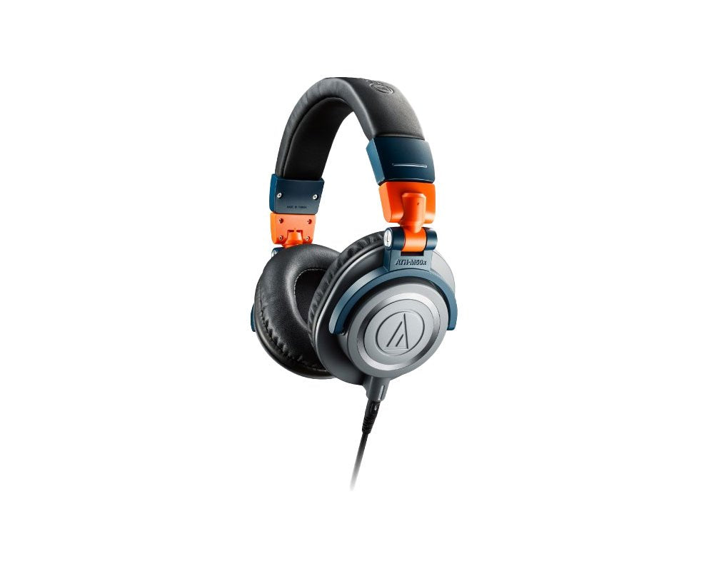 Over-ear wired headphones with black ear pads, blue and orange accents, and a silver circular grille on each ear cup.
