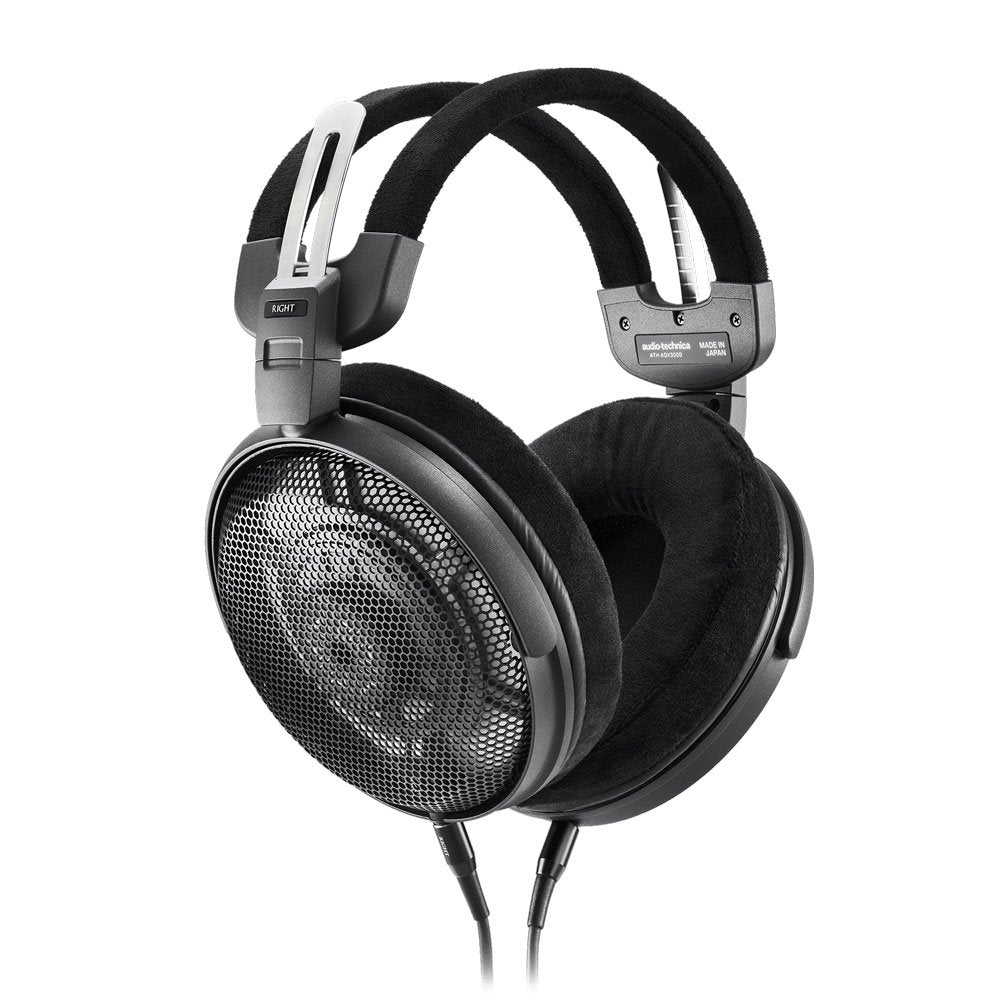 Black over-ear headphones with mesh earcup covers and dual cable connectors shown from an angled front view.