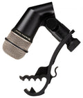 Black and silver handheld microphone with attached adjustable clamp mount, shown from side angle.