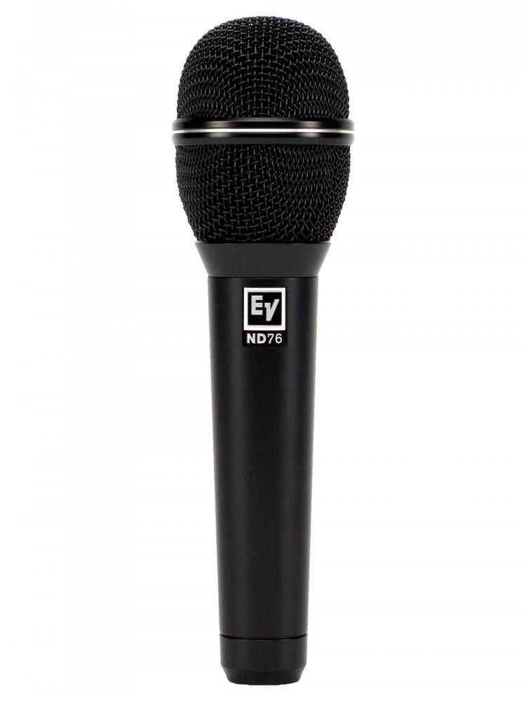 Black handheld microphone with metal mesh grille and EV ND76 logo on the handle.