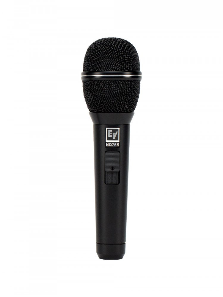 Black handheld microphone with mesh grille and EV ND76S logo on body with a slider switch.
