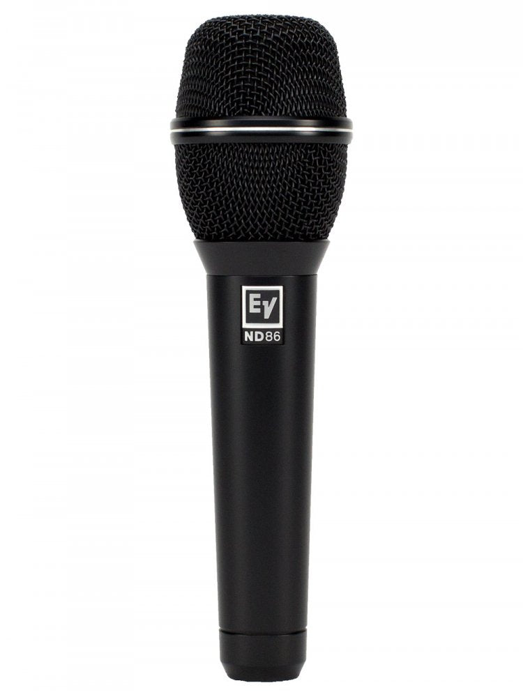 Black handheld microphone with mesh grille and EV ND86 logo on the body.