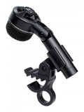 Black handheld microphone with mesh grille and clip mount shown angled on white background.