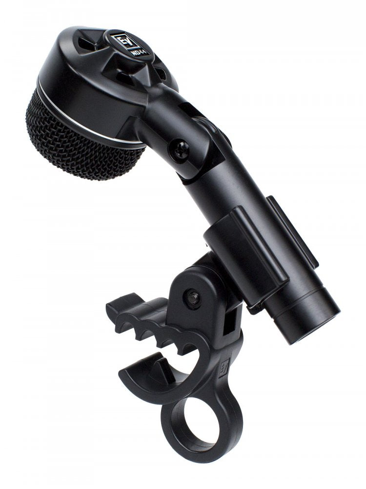 Black handheld microphone with mesh grille and clip mount shown angled on white background.