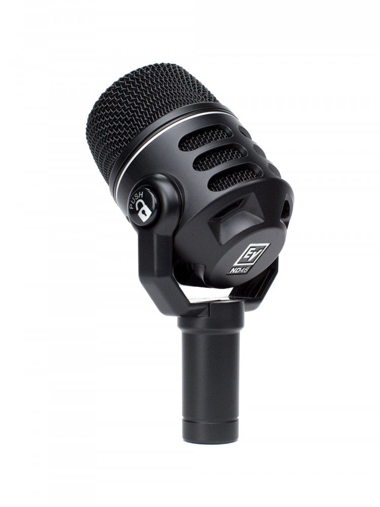Black dynamic microphone with metal mesh grille and locking knob labelled PUSH and EV ND46 logo on the body.