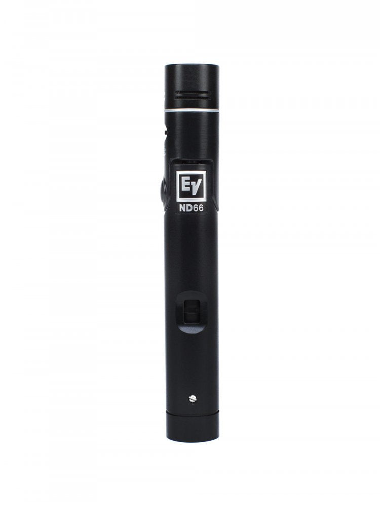 Black cylindrical microphone with EV logo and ND66 label, featuring an on/off switch on its body.