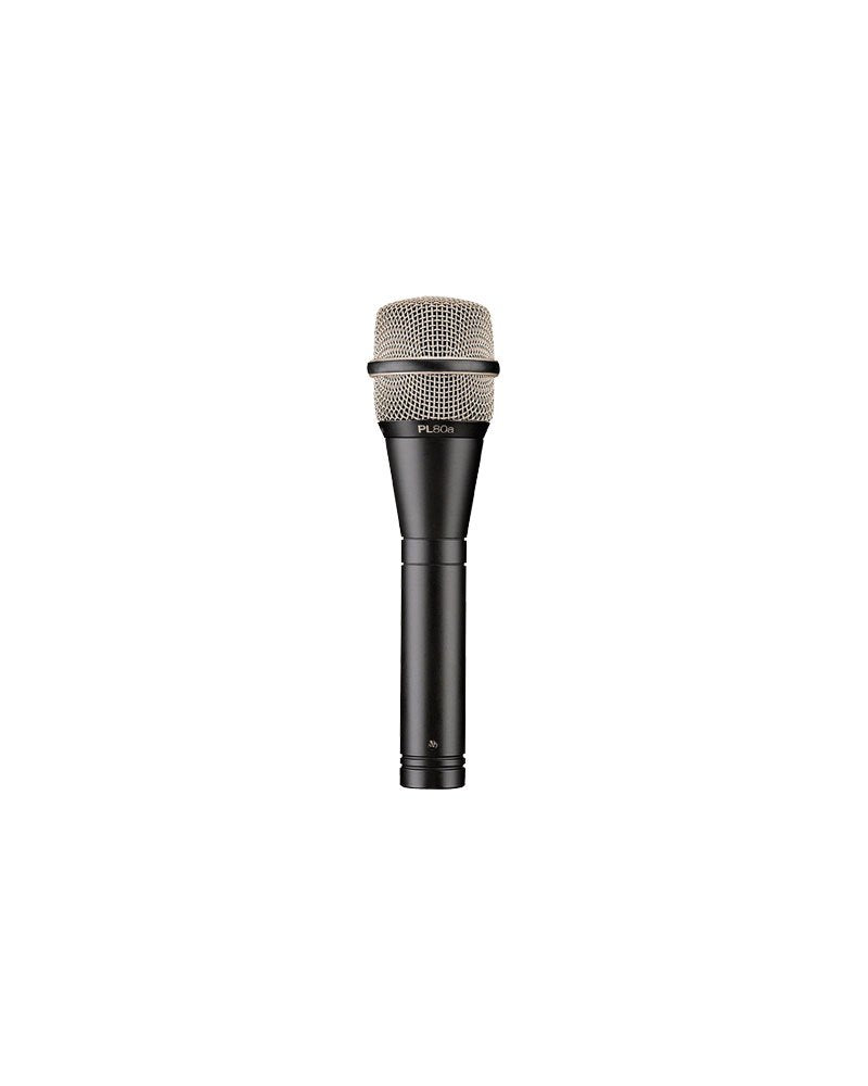 Black handheld microphone with silver mesh grille and model text 'PL80a' on the black body.