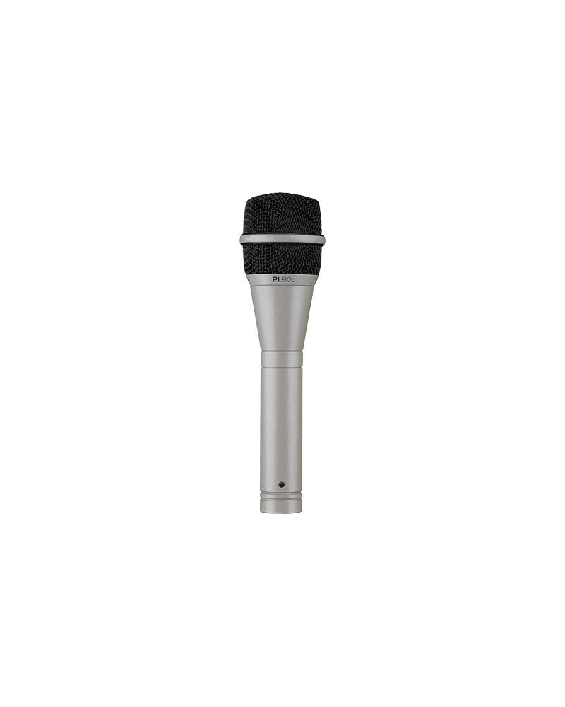 Silver handheld microphone with black mesh grille and model text PL80c visible on the body.