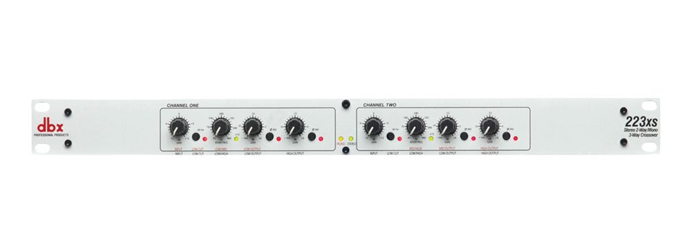Front panel of a white dbx 223xs stereo 2-way/mono 3-way crossover with knobs and indicator LEDs.
