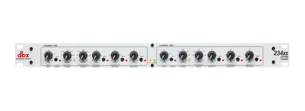 Front panel of a white DBX 234XS audio crossover with two channels and multiple rotary controls and buttons.